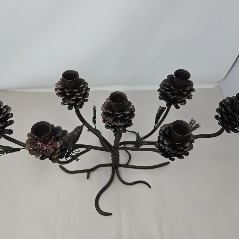 Vintage Metal Candleabra Pinecone Metal Pine Needles Bird Holiday Table Decor